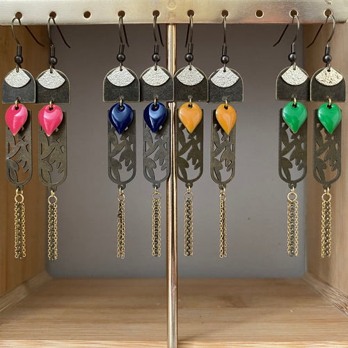Boucles d'oreilles Tatiana pendentif laurier laurier et goutte émaillée