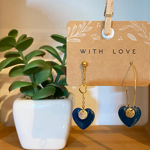 Boucles d'oreilles Ivanna Asymétriques inox doré coeur bleu canard