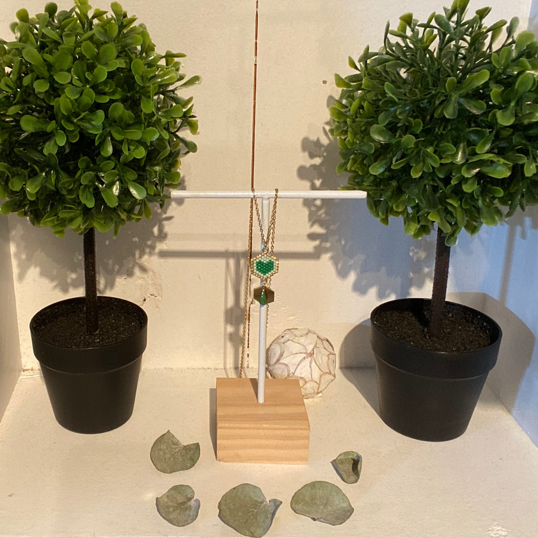 Collier Alma tissage Miyuki hexagone vert d'eau coeur vert