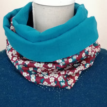 Charger l&#39;image dans la galerie, Snood double tour-Liberty Mitsi bordeaux et canard double gaze bleu paon